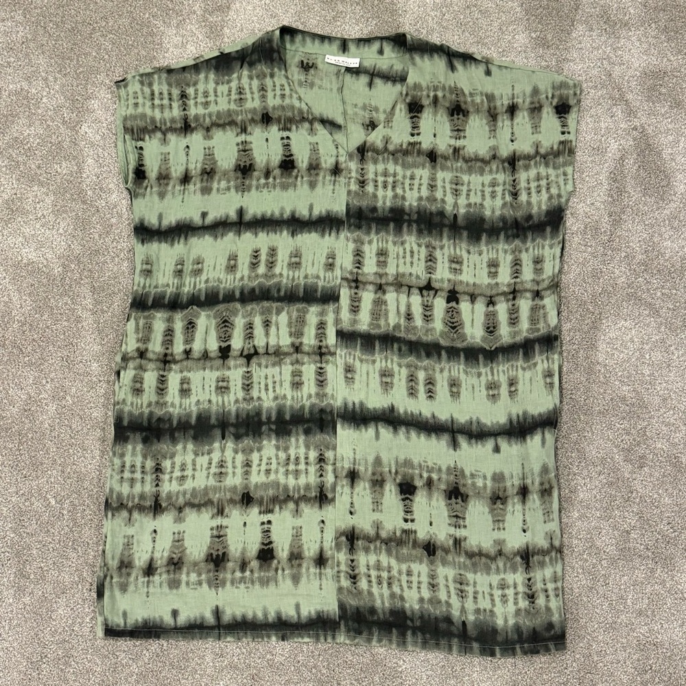 Bryn Walker Regan Tunic Dress 100% Linen Green Black V Neck Size Large Like New